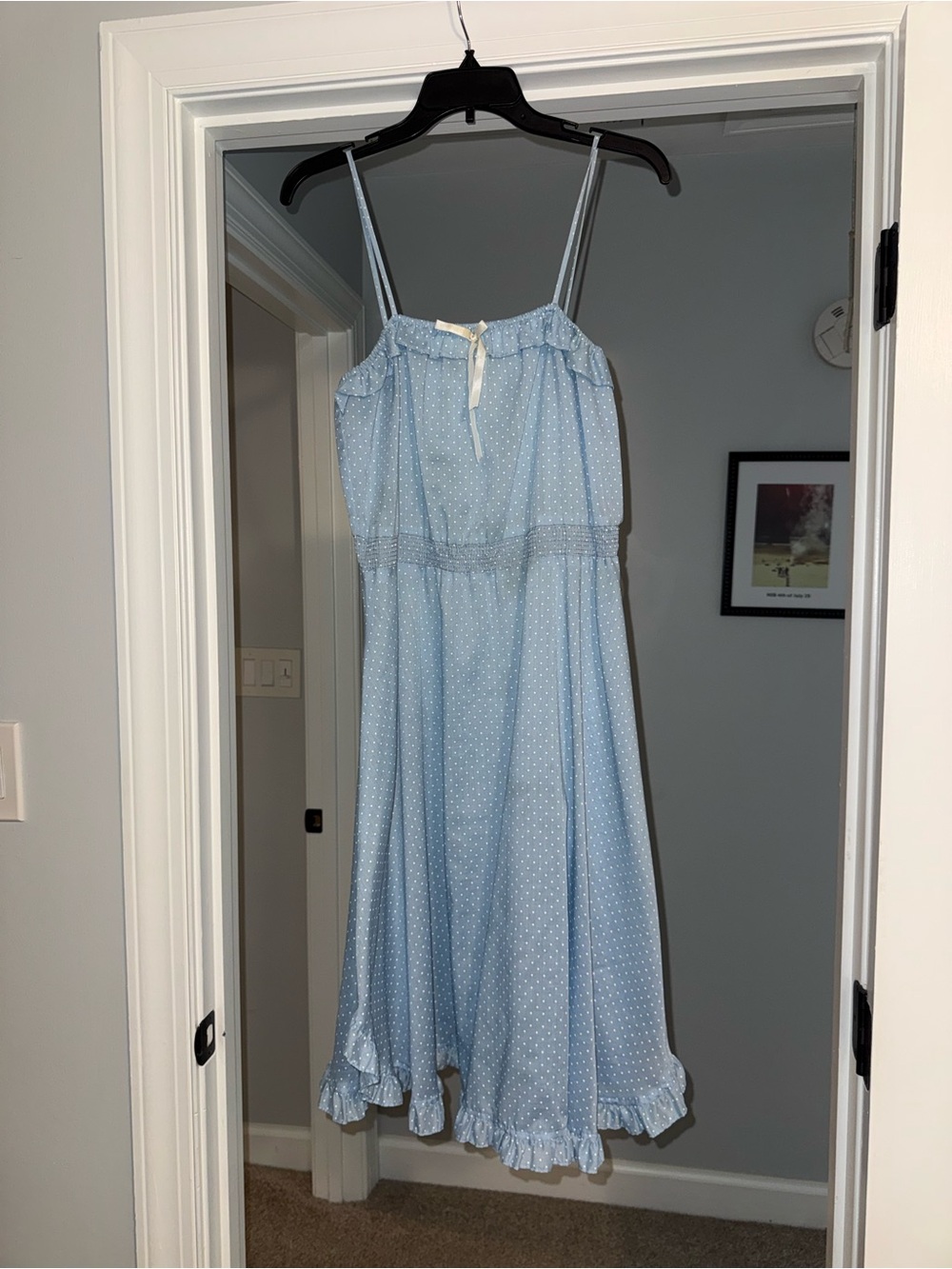 Vintage Light Blue Polka Dot Sleeveless Slip Dress with Ruffle Hem